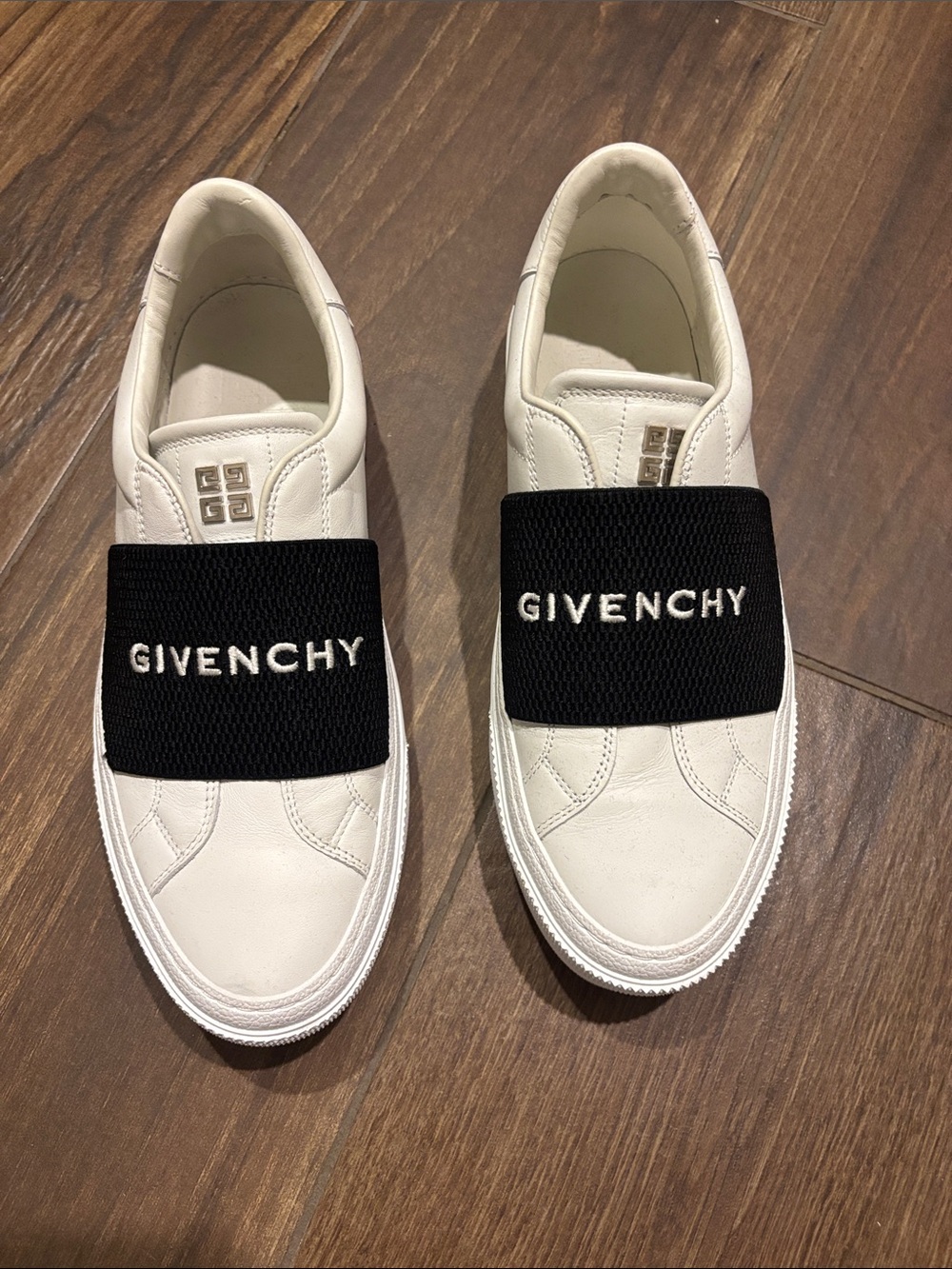 Givenchy White Leather Slip-Ons with Black Logo Band